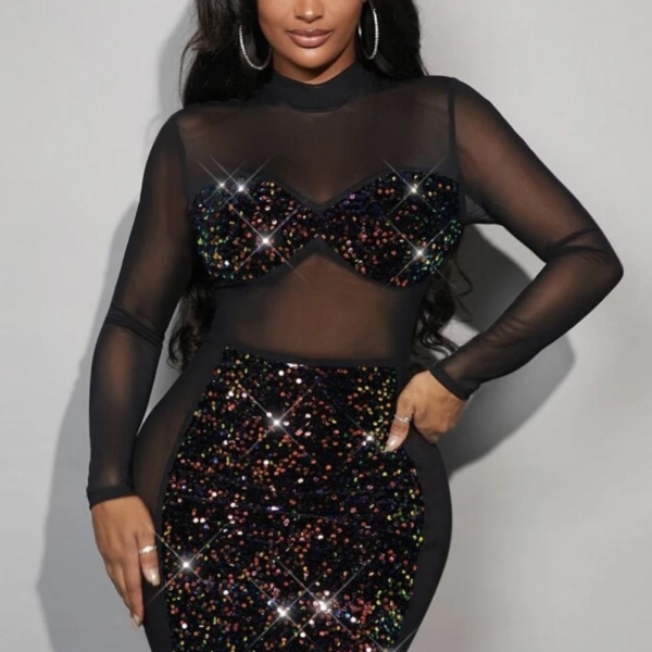 Robe moulante à sequins et résille contrastée, collection 2022 (Couleur : Noir, Taille :XS