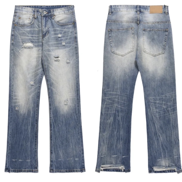 Jeans unisexe streetwear coupe denim bleu déchiré, pantalon évasé d'été