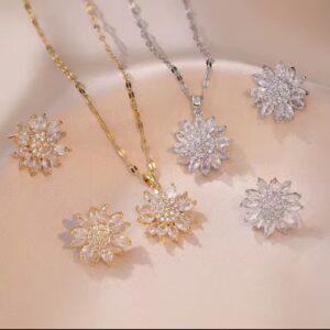 Mode 18k plaqué or en acier inoxydable fleur collier boucle d'oreille ensemble bijoux bling zircon fleur collier pour dames filles