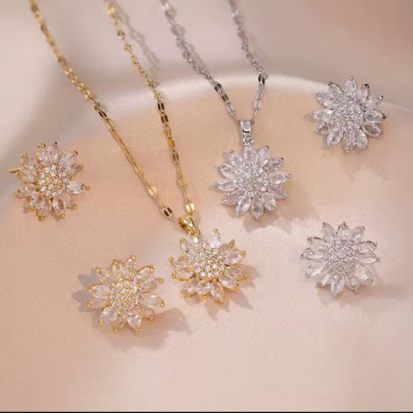 Mode 18k plaqué or en acier inoxydable fleur collier boucle d'oreille ensemble bijoux bling zircon fleur collier pour dames filles