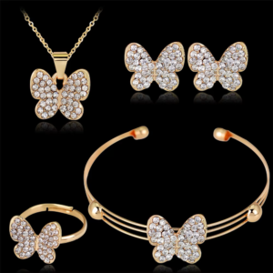Mignon papillon filles bijoux ensembles 4 pièces à la mode cristal strass enfants bracelet collier boucles d'oreilles ensemble de bijoux