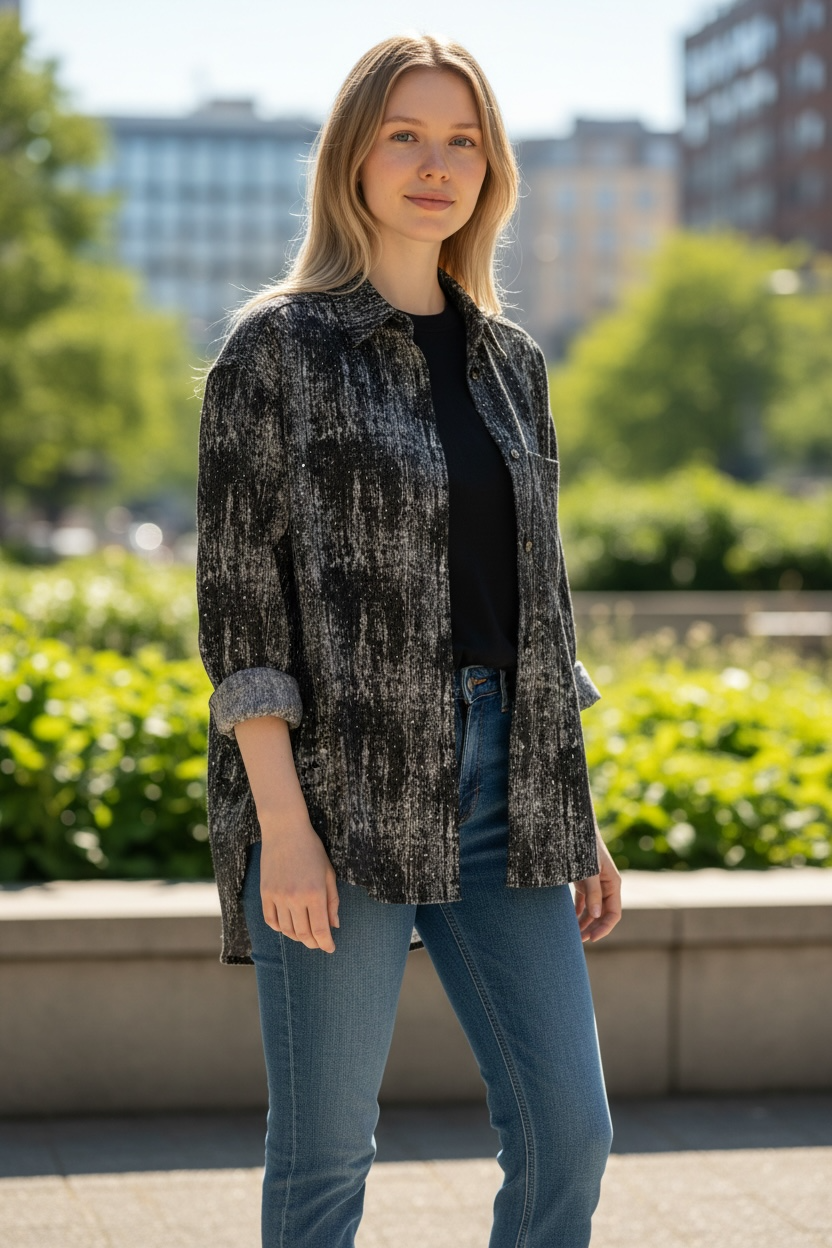 Chemise BASICS Slim Fit en coton imprimé à manches longues jeans pour femme | Vêtement décontracté | Tissu doux et respirant | – Image 4